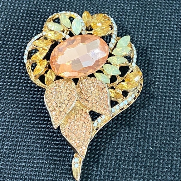 Brooch Flower Rhinestones Peach Large Pin Vintage 80s 90s - Picture 2 of 8